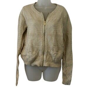 Banana Republic Full Zip Cream Textured Basket Weave Cardigan Sweater LG